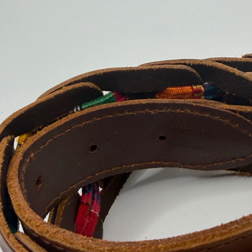 Vintage Boho Brown Leather Woven Multi Color Belt Brass Buckle Handcrafted